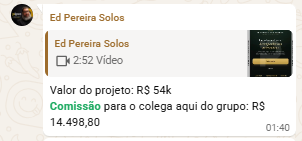 Membro relatando comissão de R$ 14.498 gerada na comunidade