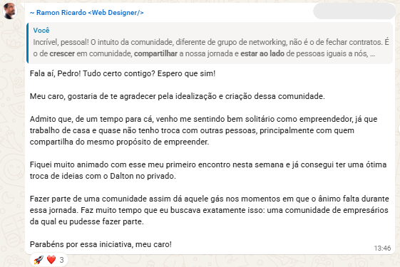 Depoimento de membro no WhatsApp sobre a comunidade