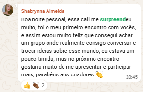 Depoimento de membro sobre o primeiro encontro da comunidade